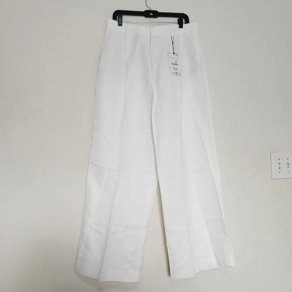 Zara Zw Collection Elegant Oyster White Straight-Leg Linen Blend Trousers